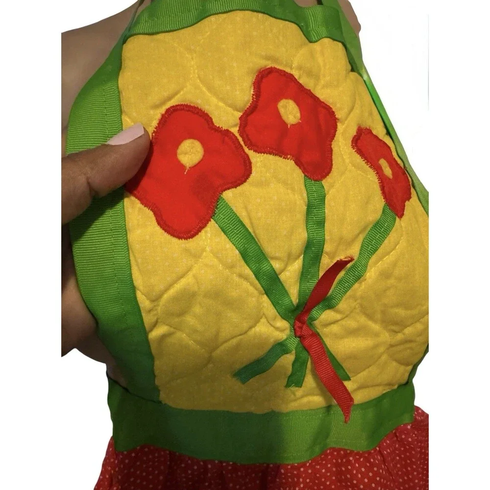 Judy’s Things,VTG Quilted Apron Yellow Red Polka Dots- Red Flowers Bouquet 80s